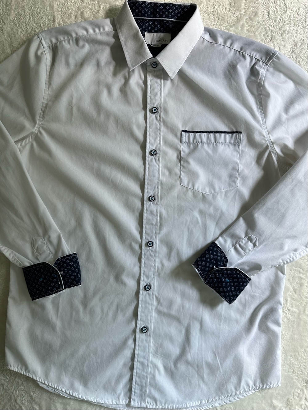 Men's White Button-Up Dress Shirt with Navy Contrast Trim